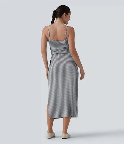 Built-in Bra Drawsting Stripe Midi Casual Dress with Pockets