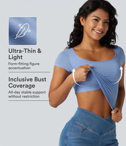 High Stretch Square Neck Built-in Bra Short Sleeve Casual T-Shirt B-DD Cups