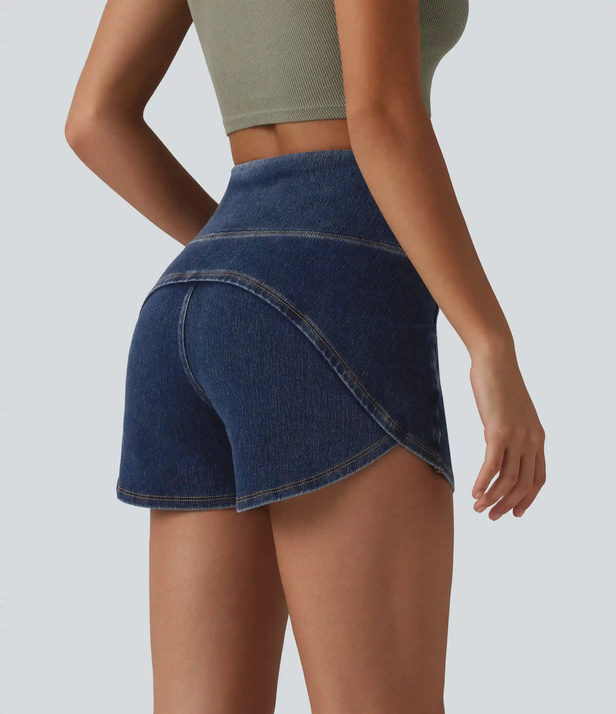 Halara Flex™ High Waisted Tummy Control Curved Hem Skinny Denim Casual Shorts with Pockets