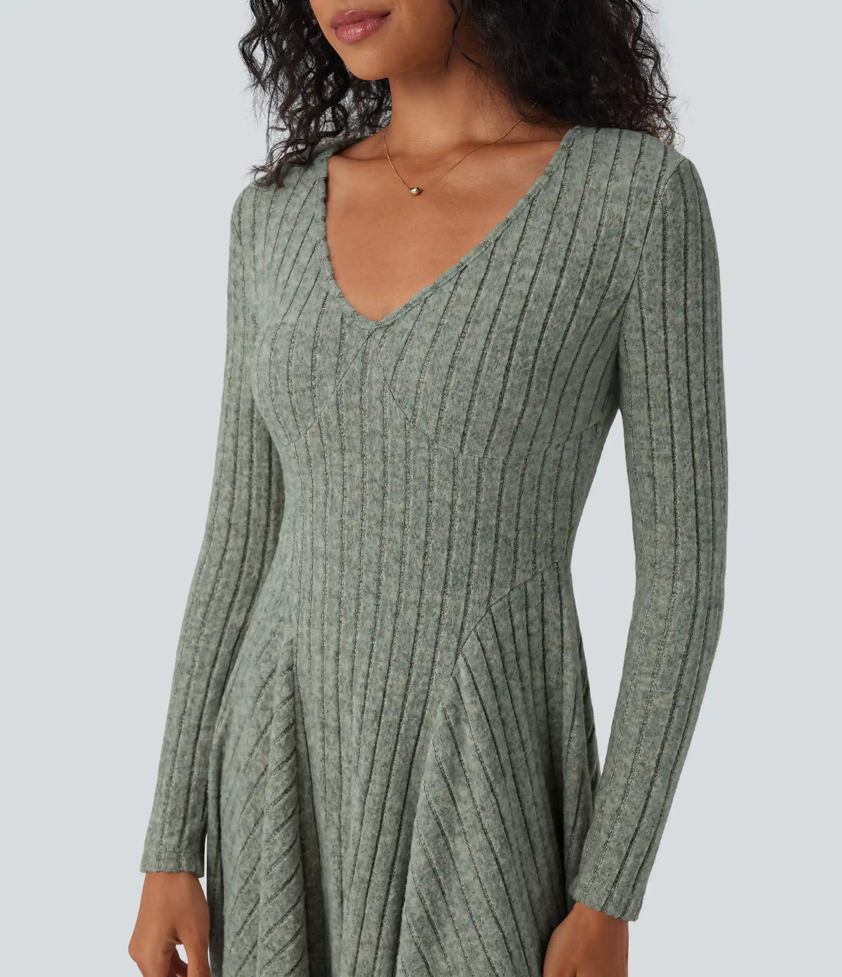 Ribbed Knit V Neck Long Sleeve Flare Mini Casual Dress