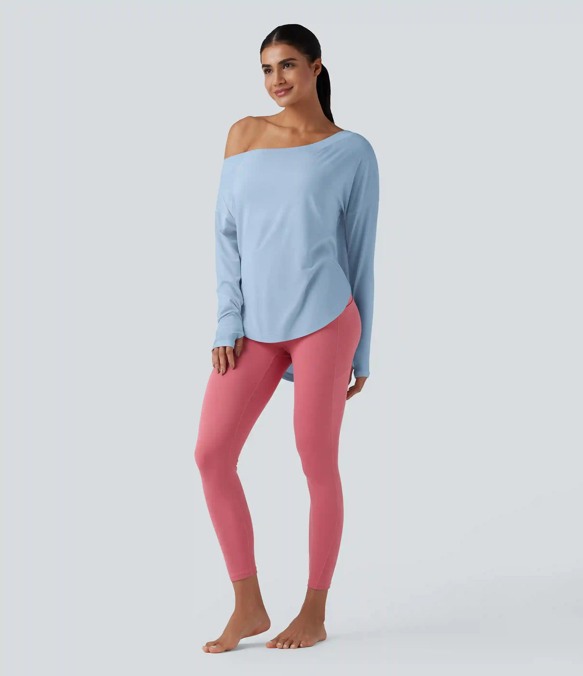 One Shoulder Long Sleeve Thumb Hole Curved Hem High Low Quick Dry Yoga Sports Top-Built-in Bra