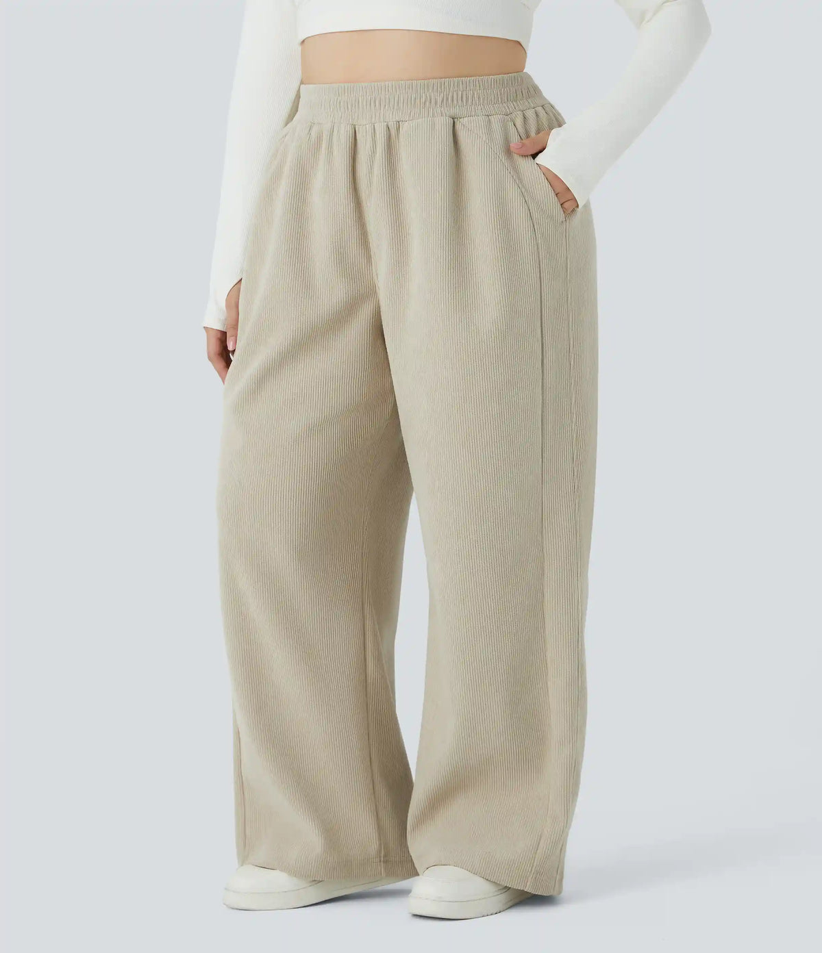 High Waisted Pocket Straight Leg Mop Corduroy Casual Plus Size Pants