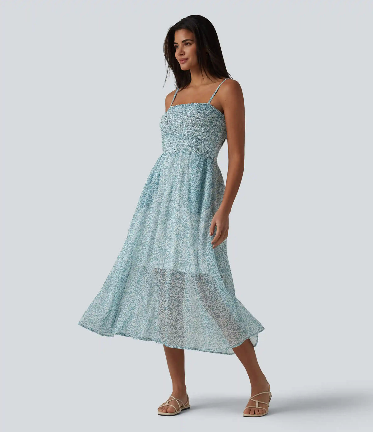 Adjustable Straps Shirred Ditsy Floral Print Chiffon Flowy Midi Casual Slip Dress with Pockets