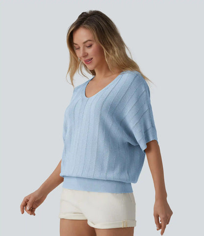 V Neck Short Sleeve Casual Sweater