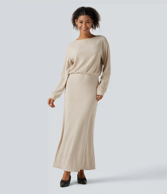 Ribbed Knit Boat Neck Long Sleeve Maxi Casual Dress