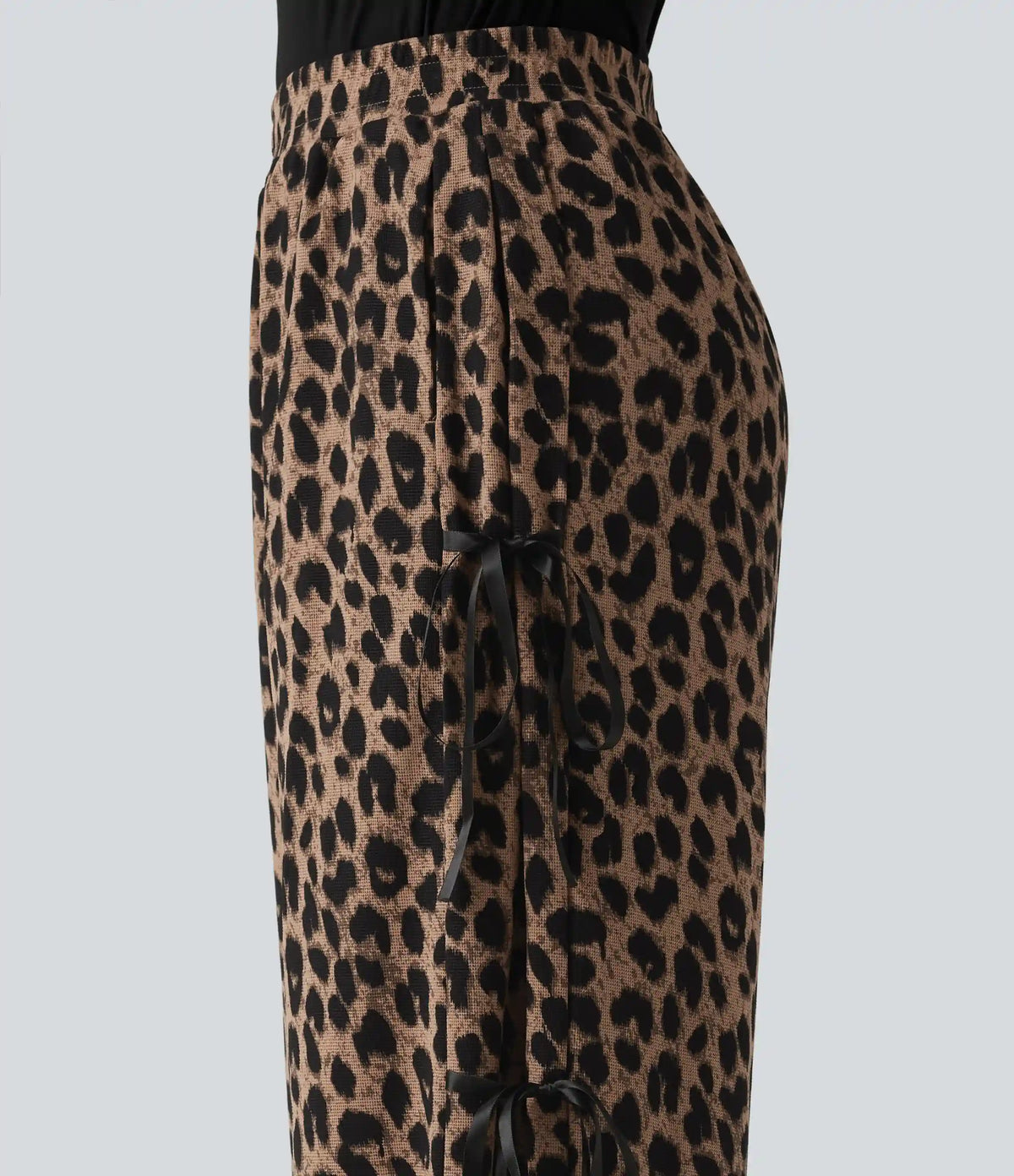 High Waisted Leopard Print Waffle Wide Leg Casual Pants with Pockets