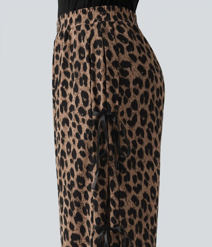 High Waisted Leopard Print Waffle Wide Leg Casual Pants with Pockets