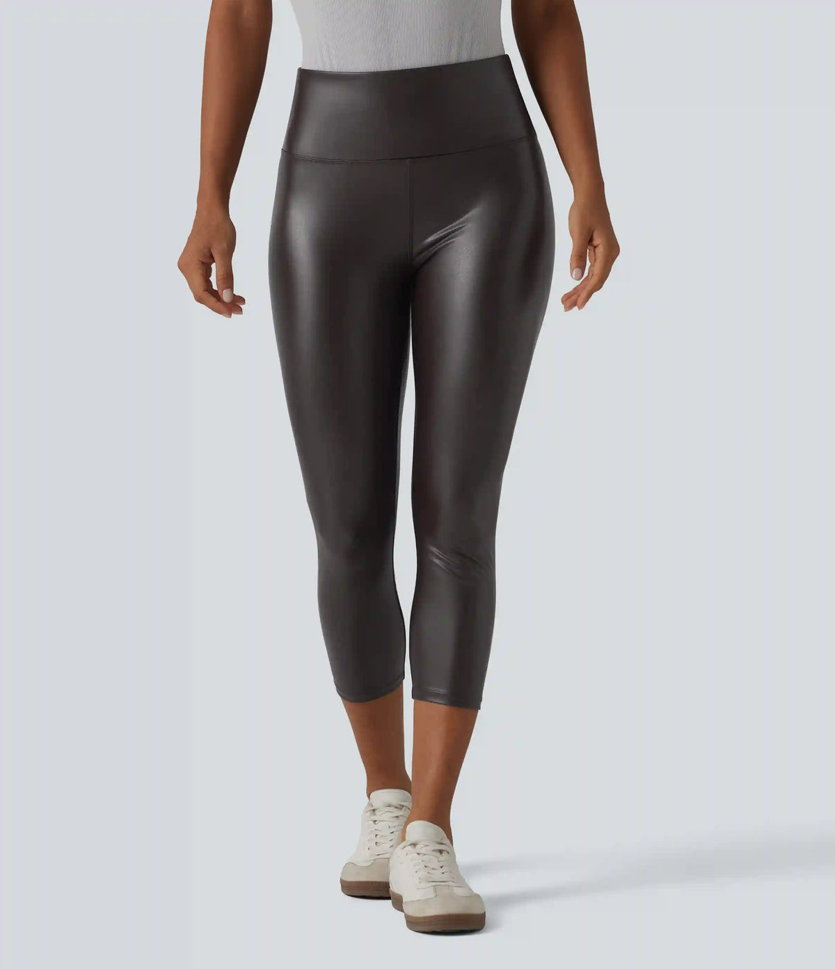 High Waisted Tummy Control Stretchy PU Casual Capri Leggings with Pockets
