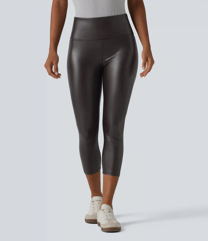 High Waisted Tummy Control Stretchy PU Casual Capri Leggings with Pockets