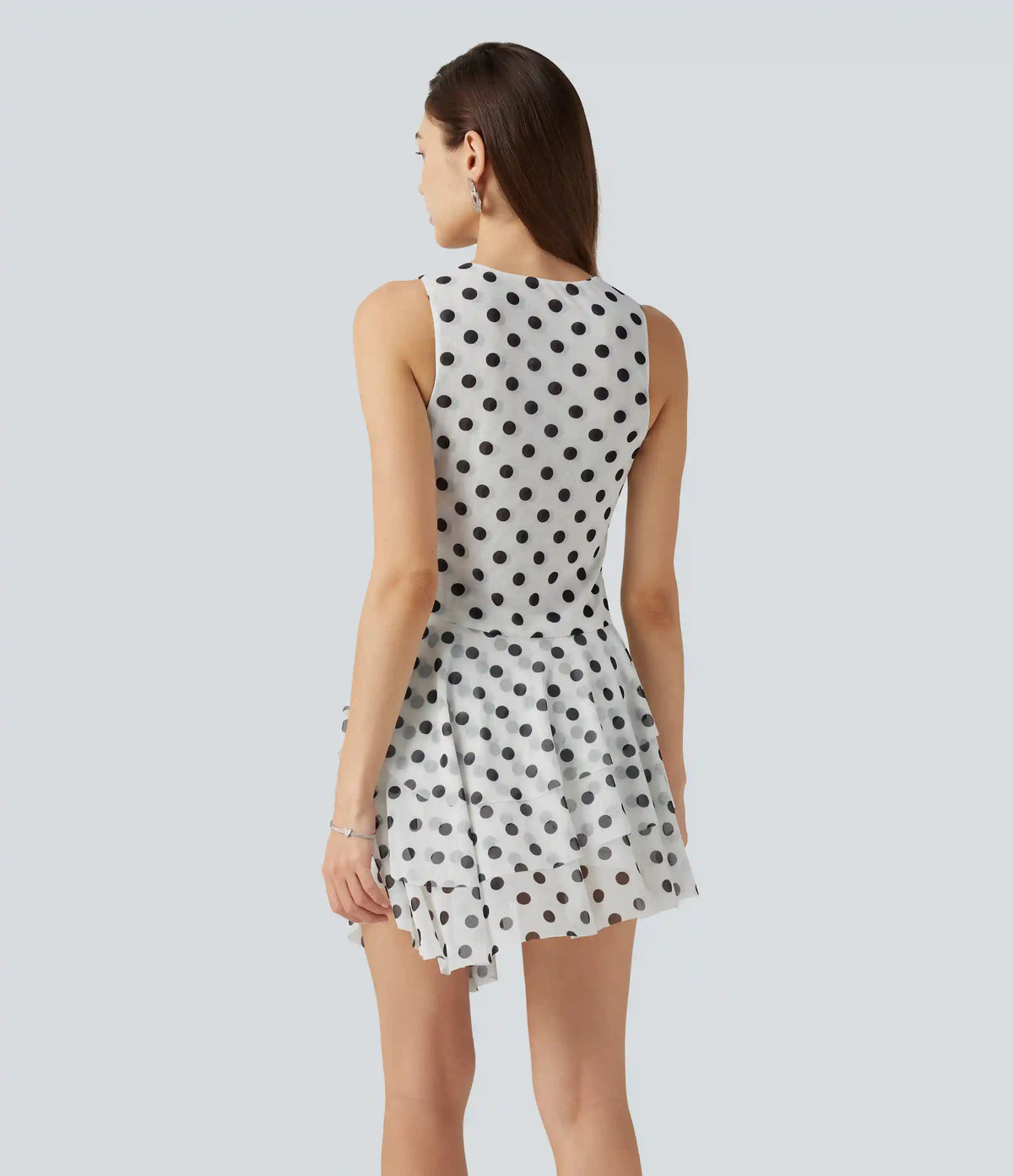 Round Neck Sleeveless Asymmetric Layered 2-Piece Polka Dot Mini Dress with Pocket