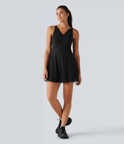 SoftlyZero™ Airy V Neck 2-in-1 Built-in Bra Contrast Lace InstantCool Mini Dance Dress with Pockets-Easy Peezy Edition