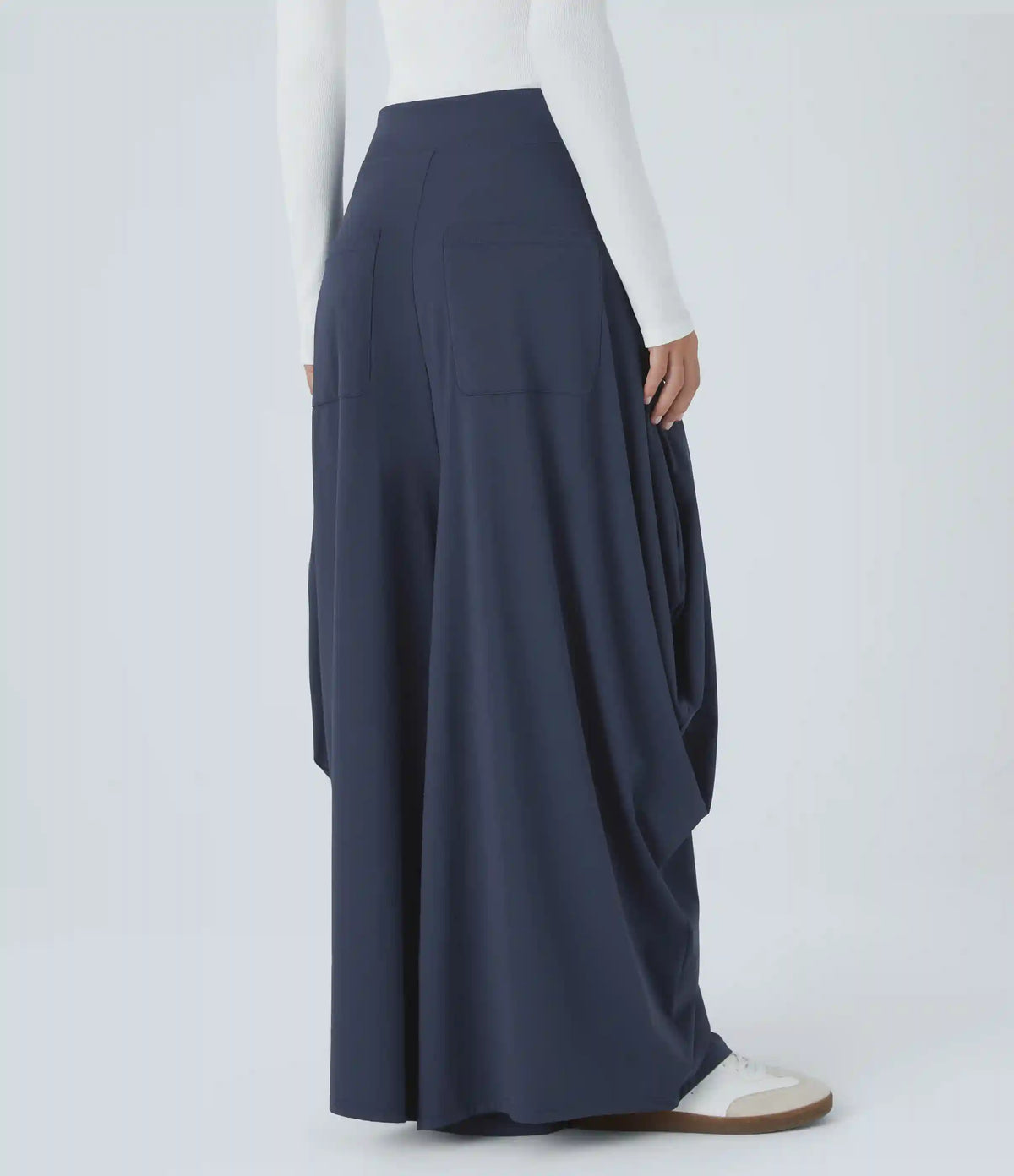 Mid Rise Pockets Draped Wide Leg Baggy Casual Pants