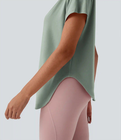 One Shoulder Short Sleeve Curved Hem High Low Quick Dry Yoga Sports Top