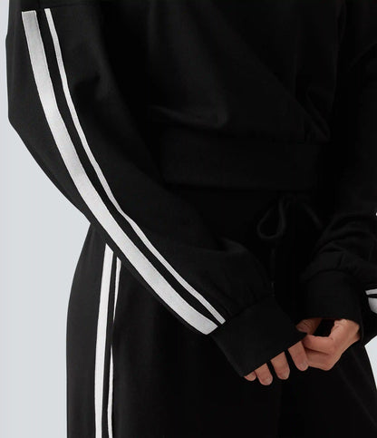 Boat Neck Long Sleeve Side Stripe Waffle Casual Top