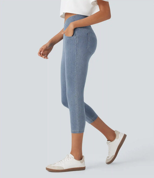 Halara Flex™ Crossover High Waisted Denim Casual Capri Leggings with Pockets