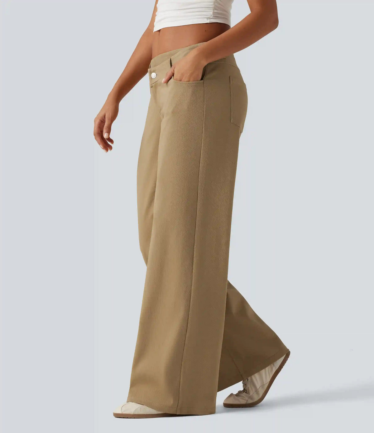 Low Rise Asymmetric Wide Leg Casual Cotton Pants with Pockets
