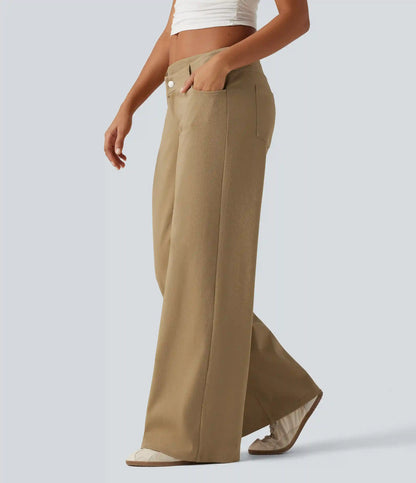 Low Rise Asymmetric Wide Leg Casual Cotton Pants with Pockets