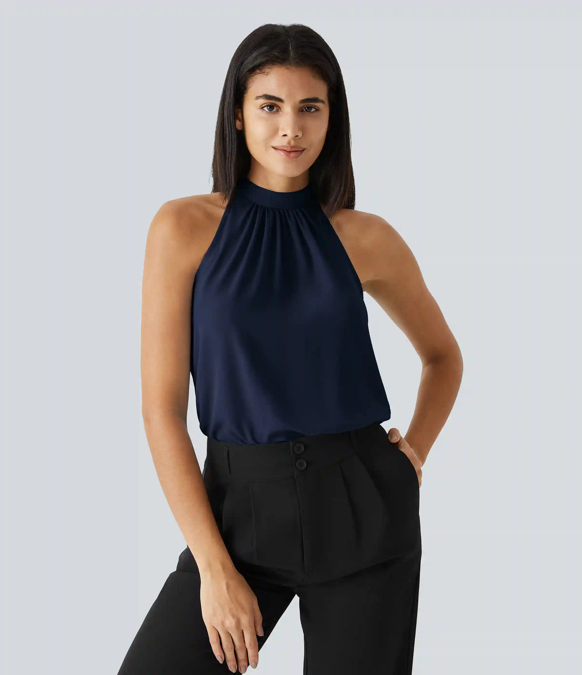 Keyhole Back Halter Sleeveless Curved Hem Work Blouse