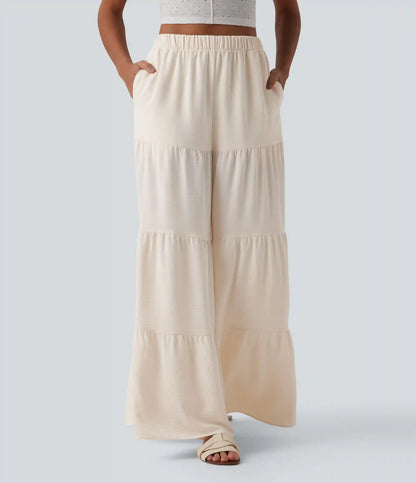 High Waisted Wide Leg Flowy Linen-Feel Pants with Pockets