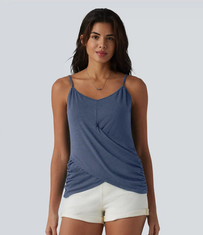 Adjustable Straps Ruched Crossover Hem Casual Heathered Tank Top