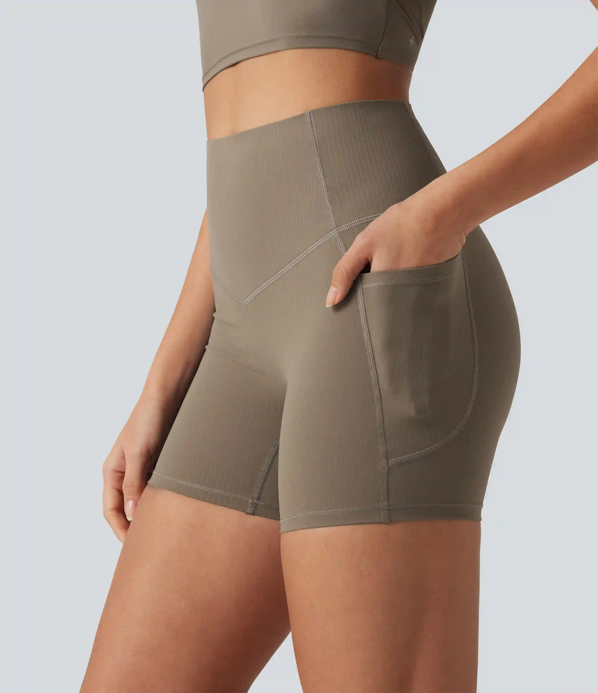 Halara UltraSculpt™ Ribbed High Waisted Tummy Control Yoga Biker Shorts 5'' with Pockets