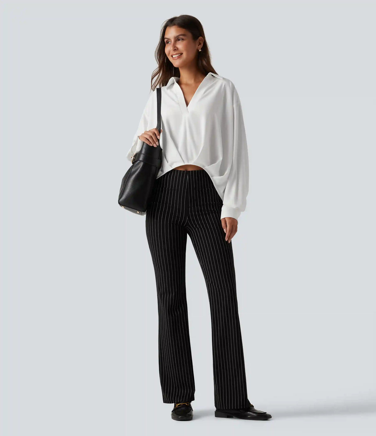 Collared Long Sleeve Curved Hem Work Blouse