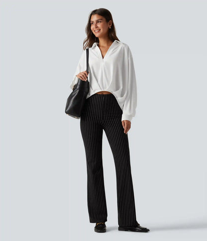 Collared Long Sleeve Curved Hem Work Blouse