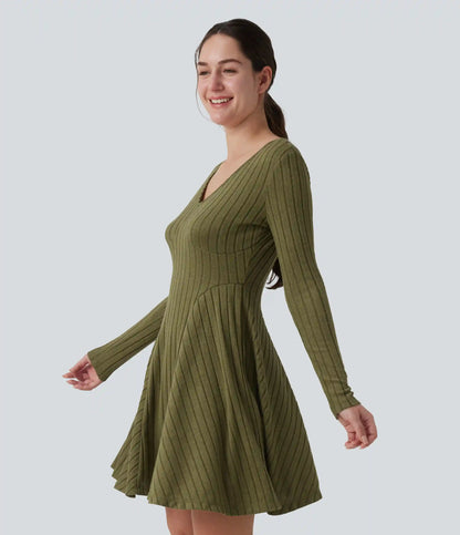 Ribbed Knit V Neck Long Sleeve Flare Mini Casual Dress