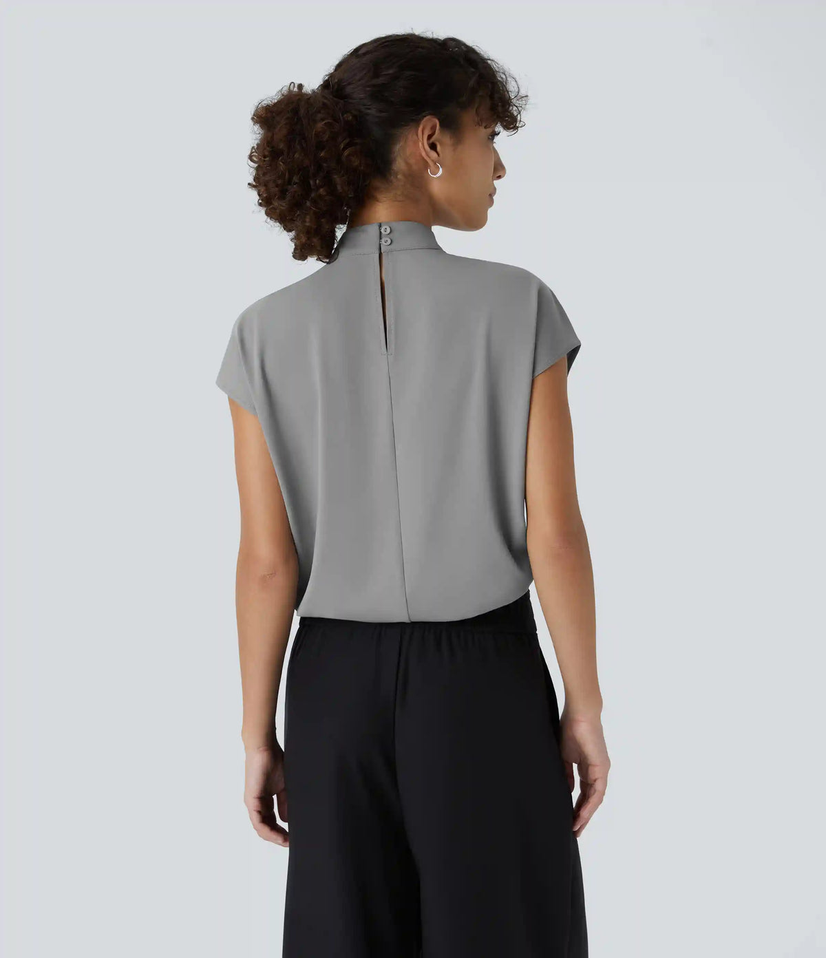 Stand Collar Back Cap Sleeve Work Blouse