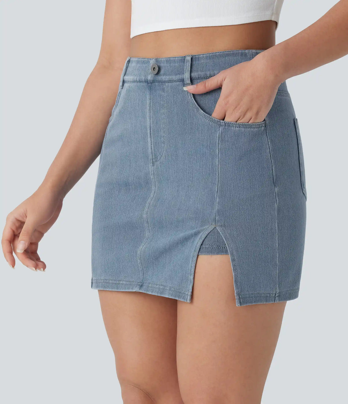Halara Flex™ High Waisted Pockets 2-in-1 Bodycon Mini Washed Denim Casual Skirt