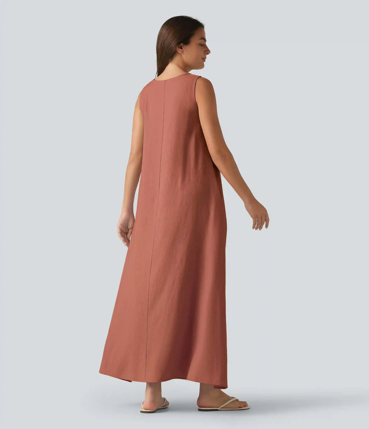 Round Neck Sleeveless Midi Plain Casual Tank Dress with Pockets