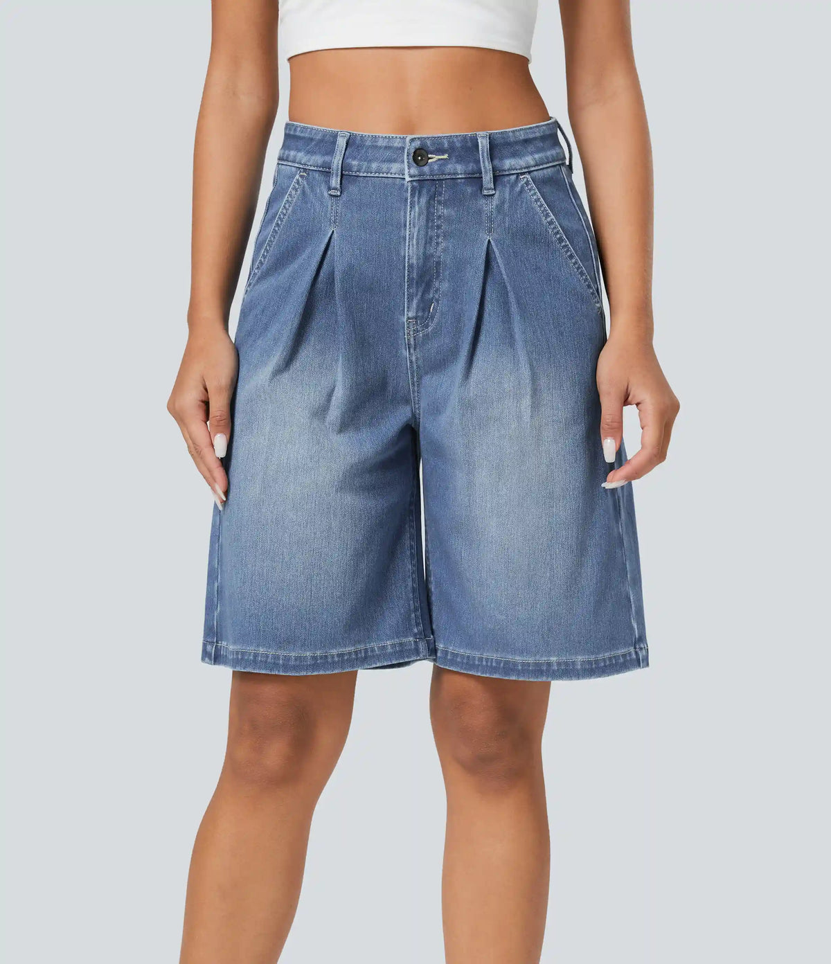 Halara Flex™ High Waisted Zipper Pockets Washed Denim Casual Bermuda Shorts