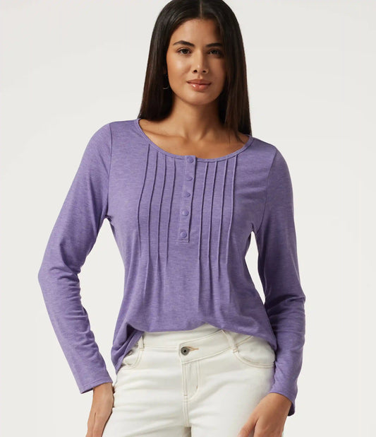 Boat Neck Pintuck Long Sleeve Curved Hem Casual Top