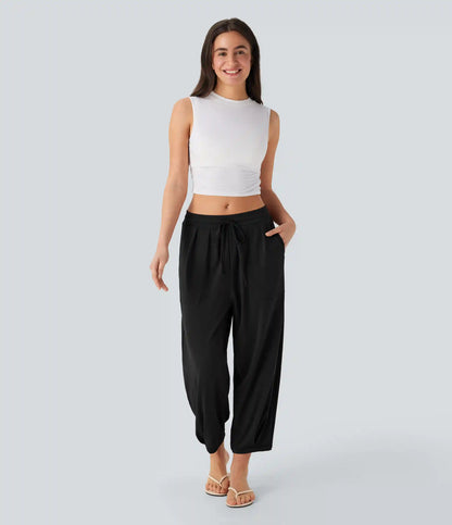 Mid Rise Drawstring Casual Tapered Pants with Pockets