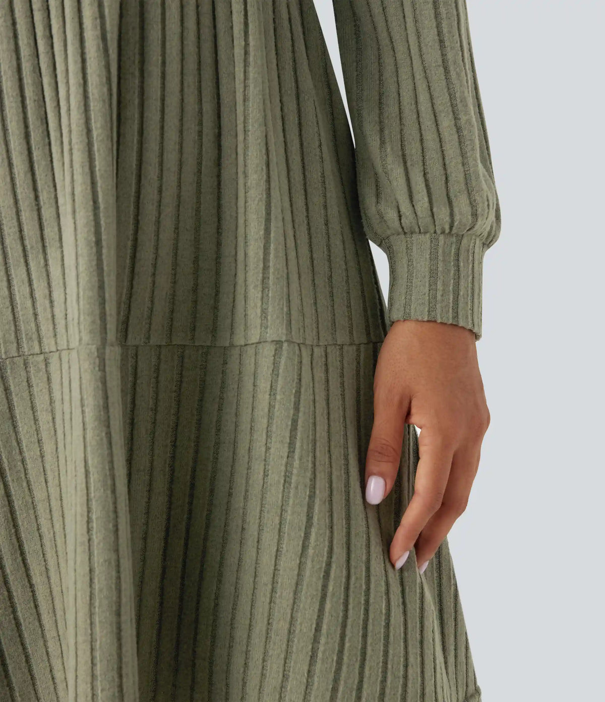Ribbed Knit Square Neck Puff Long Sleeve Casual Dress with Pockets
