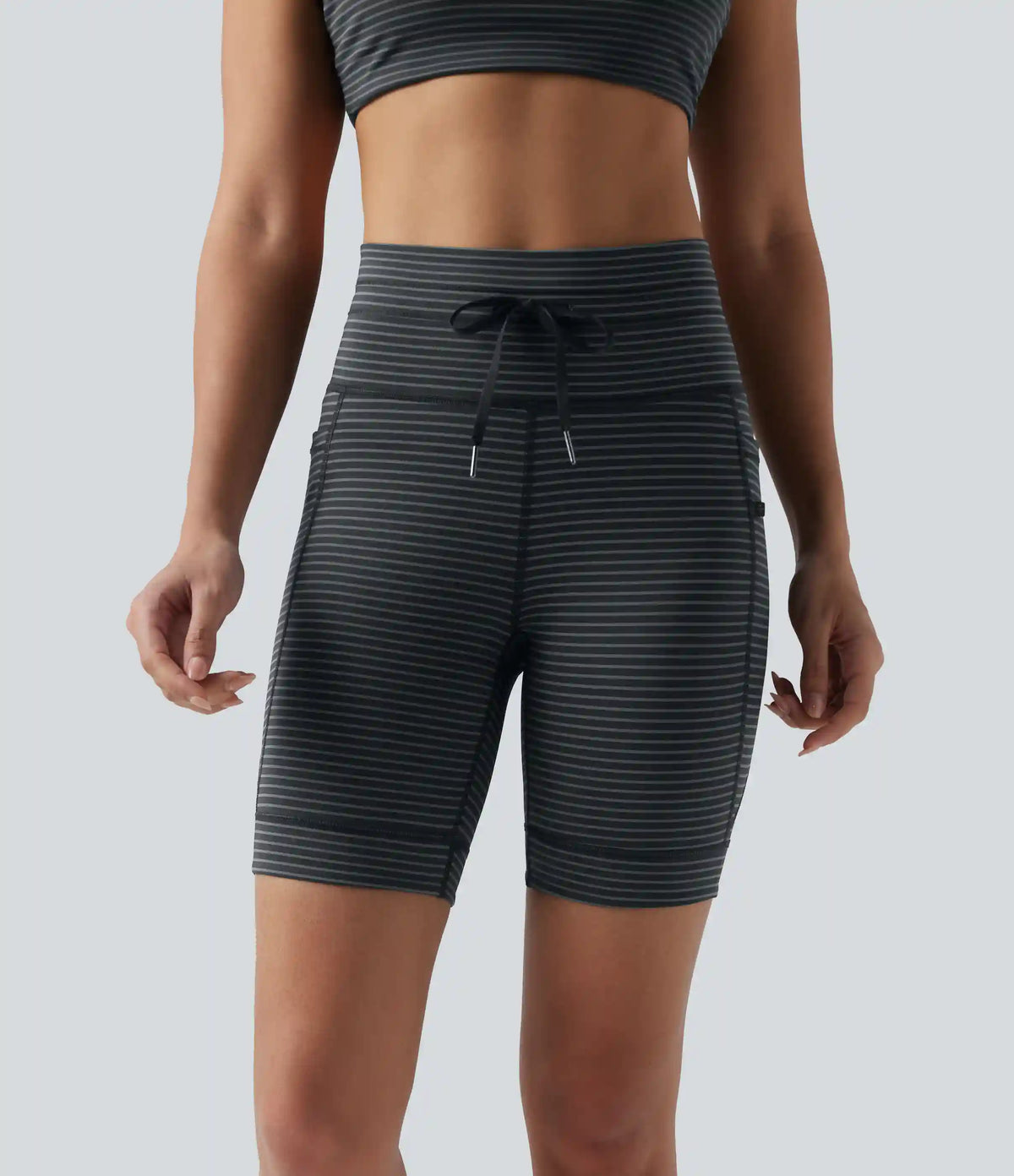 High Waisted Drawstring Striped Yoga Biker Shorts 7'' with Pockets