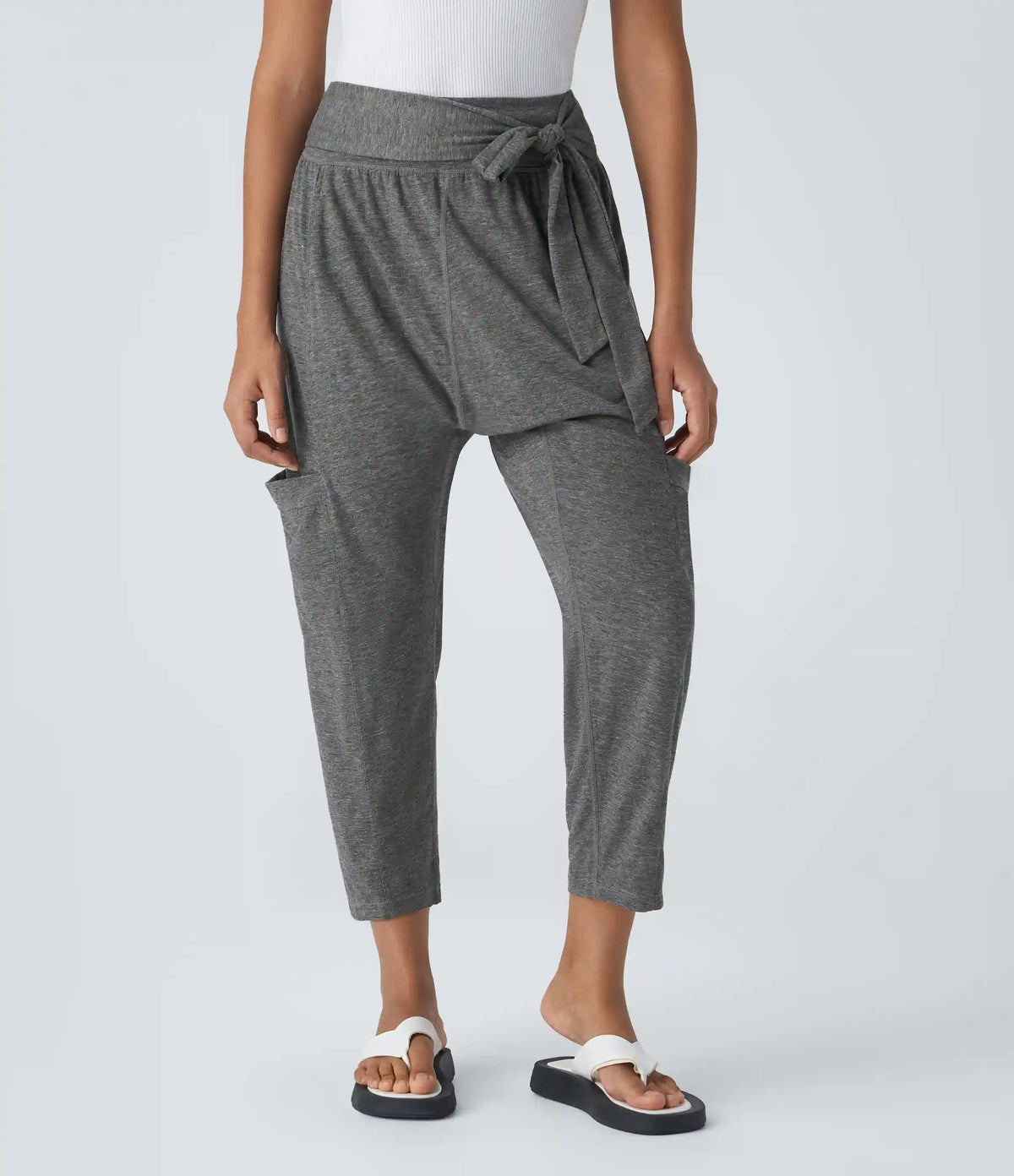 Mid Rise Tie Pockets Casual Harem Pants