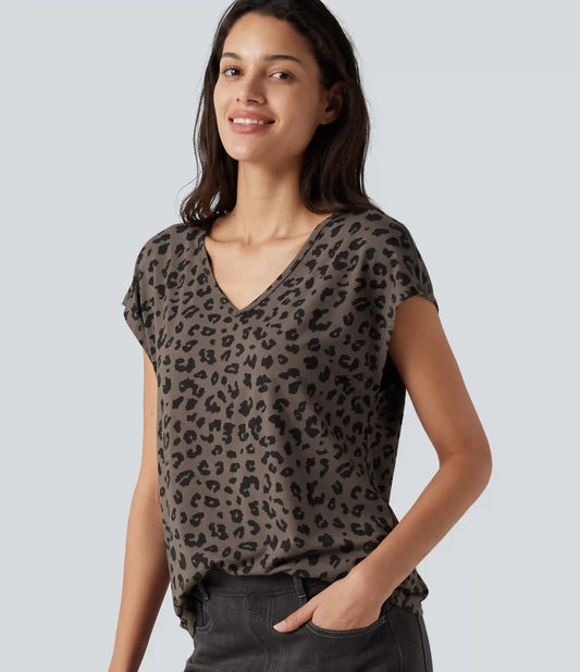 V Neck Short Sleeve Leopard Print Casual T-Shirt