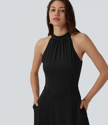 Mock Neck Sleeveless Invisible Zipper Midi Stretchy Satin-Like InstantCool Bridesmaid And Wedding Guest Flowy Dress with Pockets