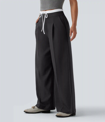 High Waisted Drawstring Wide Leg Work Pants with Pockets
