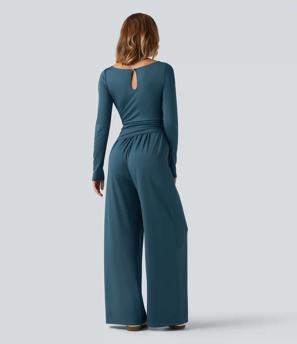 Boat Neck Long Sleeve Wide Leg Ruched Casual Jumpsuit with Pockets-Easy Peezy Edition