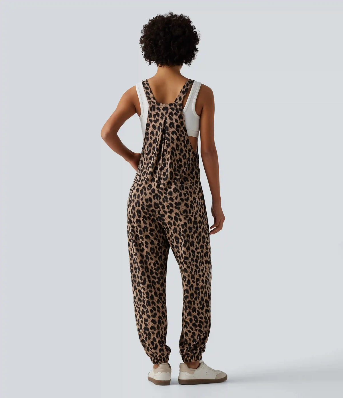 Adjustable Straps Leopard Print Waffle Casual Jogger Overalls with Pockets