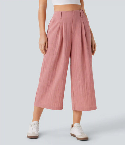 High Waisted Pocket Wide Leg Flowy Solid Palazzo Capri Casual Linen-Feel Pants