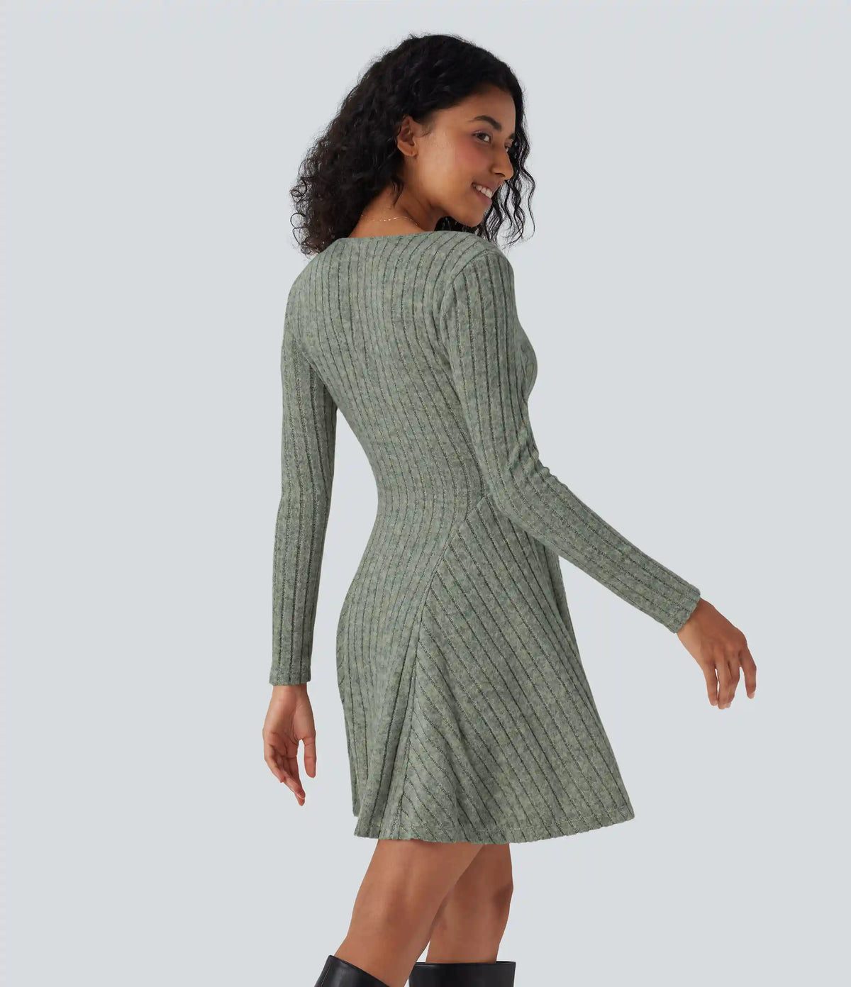 Ribbed Knit V Neck Long Sleeve Flare Mini Casual Dress