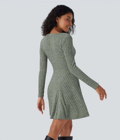 Ribbed Knit V Neck Long Sleeve Flare Mini Casual Dress
