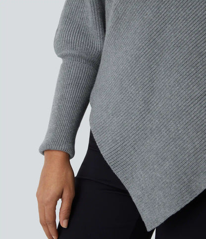 High Neck Long Sleeve Asymmetric Hem Work Sweater