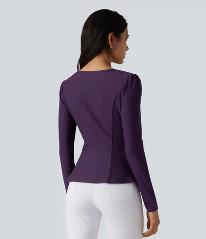 V Neck Contrast Lace Long Sleeve Ruffle Hem Work Blouse