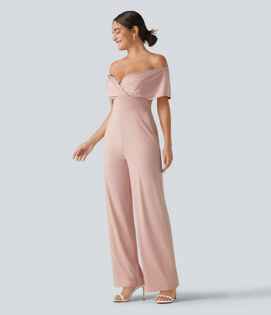 Off Shoulder Built-in Bra Short Sleeve Casual Jumpsuit with Pockets