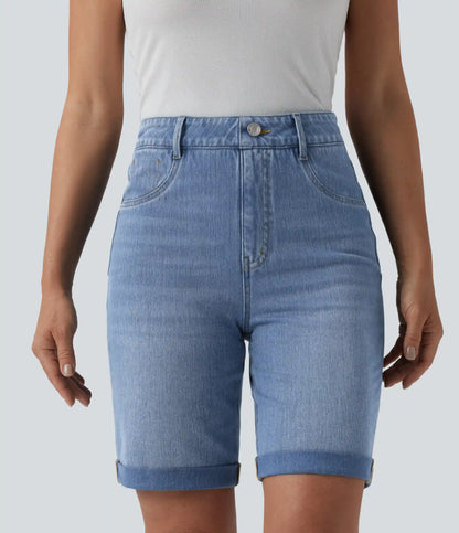 Halara Flex™ High Waisted Tummy Control Rolled Hem Washed Denim Casual Shorts with Pockets