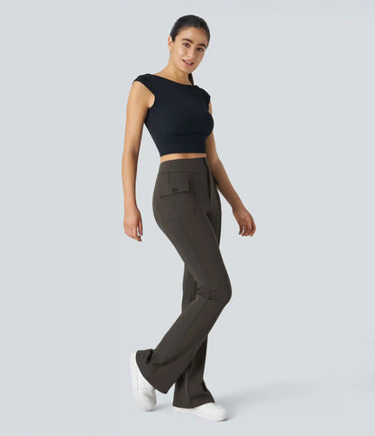 High Waisted Side Flap Pocket Flare Casual Cargo Pants